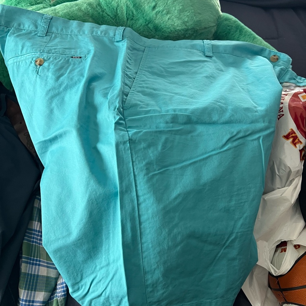 Ralph Lauren Aqua and White Polo Shorts. Size 42. Wrinkled but brand new!